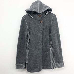 Prana Gray Striped Hooded Tunic Zip Up Knit Fleece Wool Blend Jacket